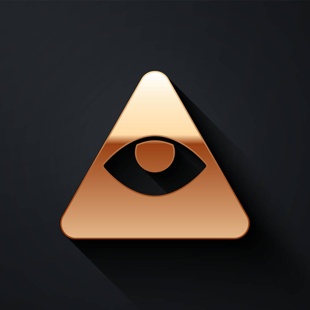 Gold Masons symbol All-seeing eye of God icon isolated on black background. The eye of Providence in the triangle. Long shadow style. Vector. - Vector, Image