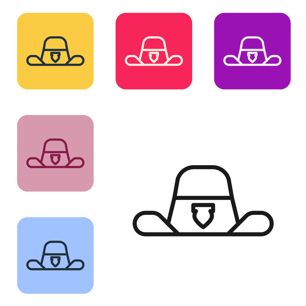 Schwarze Linie Sheriff Hut mit Abzeichen Symbol isoliert auf weißem Hintergrund. Setzen Sie Symbole in farbigen quadratischen Tasten. Vektor. - Vektor, Bild