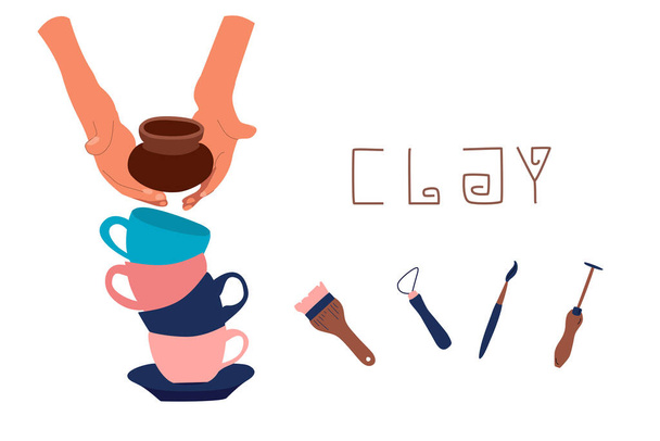 Clay crafting, keramika studio plakát v doodle style.Nástroje pro modelování plastik.Nástroje v pastelových barvách. Keramika workshop banner.Background pro aplikace smartphone, tisk pro webové stránky.Vektor - Vektor, obrázek