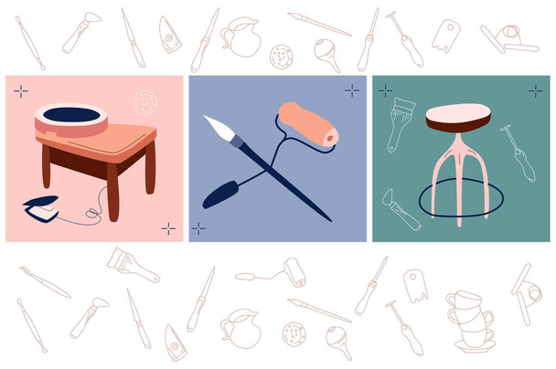 Ceramics production on pottery wheel,tools and instruments for workshop,special chair.Set illustrations with clay crafting.Sculpture modeling.Handiwork or hobby.Doodle style background,vector.Line art - Vector, Image