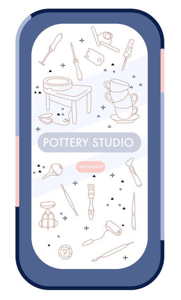 Pottery studio website design template for smartphone.Clay crafting tools and instruments,buy ceramics production online,sculpture modeling workshop.Doodle style background.E-commerce,sending mails. - Vector, Image