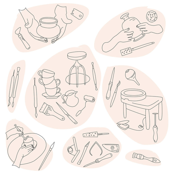 Clay crafting set in doodle style.Pottery modeling and sopture tools.Outline instruments. Keramika workshop banner.Background pro aplikace smartphone, tisk pro webové stránky, textil, papírnictví. - Vektor, obrázek