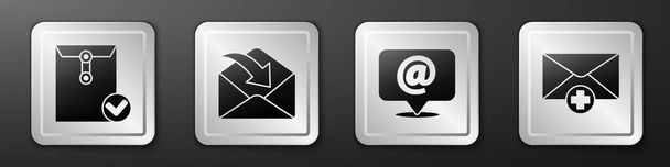 Aseta kirjekuori ja tarkista merkki, kirjekuori, posti ja sähköposti puhekuplaan ja vastaanotetun viestin konseptin kuvakkeeseen. Hopeinen neliö nappi. Vektori. - Vektori, kuva