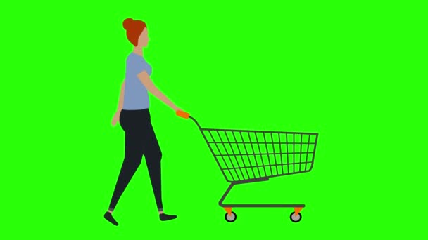 女性歩行サイクルシームレスループ,ショッピングカートを引く,緑の画面クロマキーアニメーション,フラットデザイン - 映像、動画