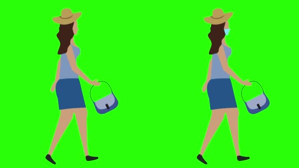 Women walking cycle seamless loop , face mask version, green screen chroma key animation, flat design - Footage, Video