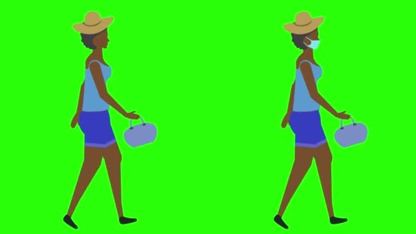 Nahtlose Schleife für Frauen beim Gehen, Version mit Gesichtsmaske, Chroma-Tastenanimation auf grünem Bildschirm, flaches Design - Filmmaterial, Video
