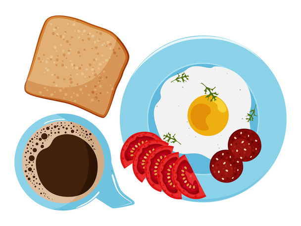 Poranne śniadanie. Talerz z jajkiem, kiełbasą, chlebem i pomidorami. Kubek kawy. Ilustracja wektora. - Wektor, obraz