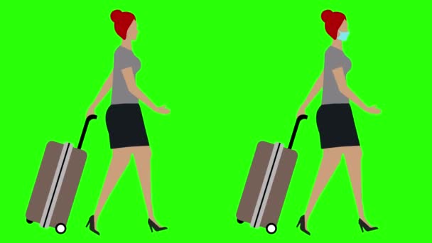 Donne con carrello ciclo a piedi ciclo senza soluzione di continuità, versione maschera viso, animazione chiave croma schermo verde, design piatto - Filmati, video