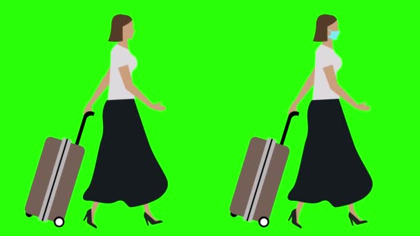 Women with trolley walking cycle seamless loop , face mask version, green screen chroma key animation, flat design - Footage, Video
