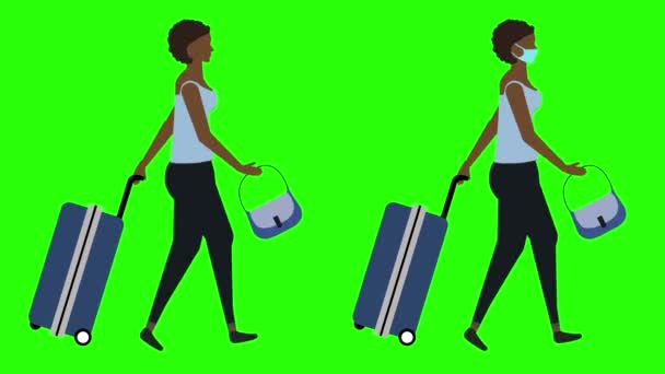Vrouwen met trolley lopen cyclus naadloze lus, gezicht masker versie, groen scherm chroma zeer belangrijke animatie, plat ontwerp - Video