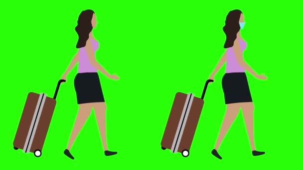 Frauen mit Trolley Walking Cycle Nahtlose Schleife, Gesichtsmaske Version, Green Screen Chroma Key Animation, flaches Design - Filmmaterial, Video