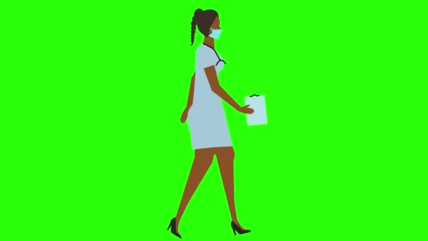 女性医師歩行サイクルシームレスループ、フェイスマスクバージョン、緑の画面クロマキーアニメーション、フラットデザイン - 映像、動画