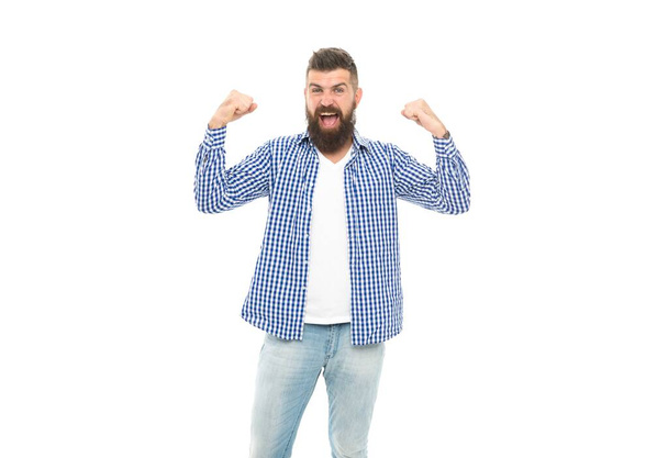 successful caucasian guy with beard and mustache raised hands isolated on white, success - Fotografie, Obrázek