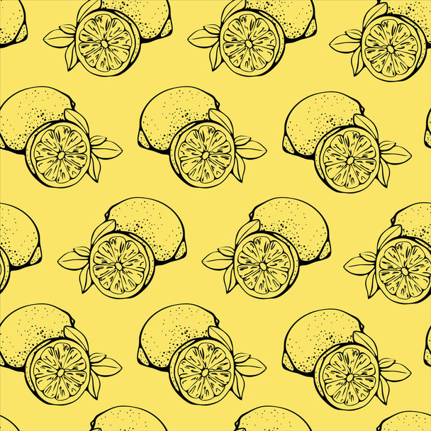 Seamless pattern with lemons, whole and sliced - Vector, Image