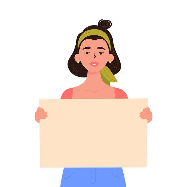 Girl holding a blank poster with place for text.  - Vector, Image