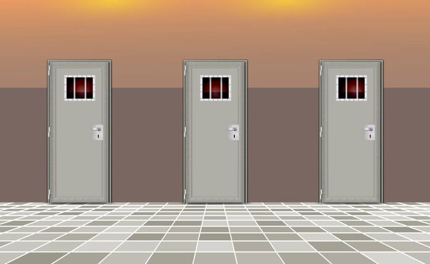 Trend european interior background prison. Jail cells modern with gray doors. Behind bars In jail, dark. Vector detailed illustration for your design and happy deprivation of freedom. eps 10 - Вектор,изображение