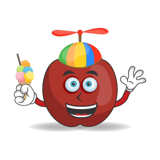 Apple mascot character with ice cream and colorful hat. vector illustration - Vector, Image