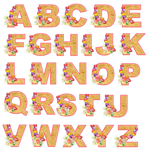 artistic alphabet, capital letter illustration with summer bouquet leaves and flowers, ane hearts, elegant and romantic font - Fotó, kép