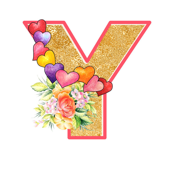 artistic alphabet, capital letter Y illustration with summer bouquet leaves and flowers, ane hearts, elegant and romantic font - Foto, immagini