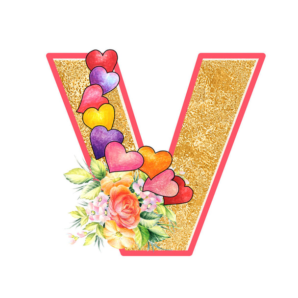 artistic alphabet, capital letter V illustration with summer bouquet leaves and flowers, ane hearts, elegant and romantic font - Foto, Imagem