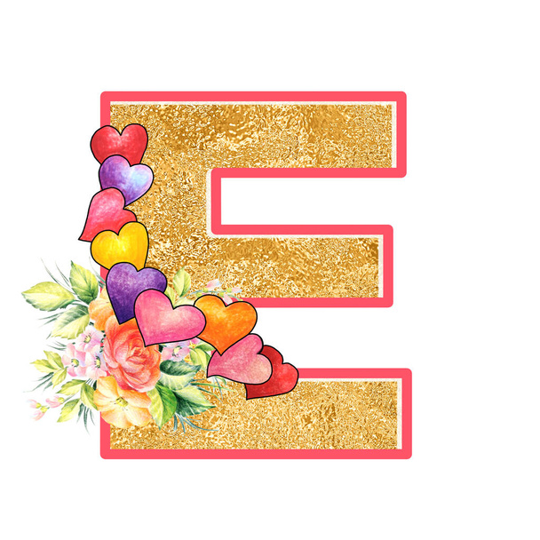 художній алфавіт, велика літера E ілюстрація з літніми листям букета та квітами, сердечками, елегантним та романтичним шрифтом
 - Фото, зображення