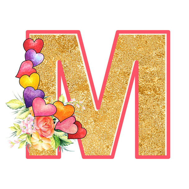 artistic alphabet, capital letter M illustration with summer bouquet leaves and flowers, ane hearts, elegant and romantic font - Fotó, kép