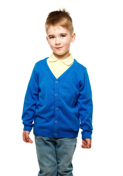 Niño alegre en cárdigan azul y camisa amarilla
  - Foto, Imagen