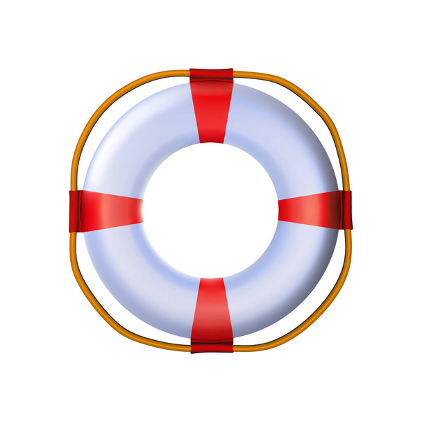 Nautical lifebuoy Striped red white glossy 3d, rounded plastic realistic toy. Modern icon ships equipment design. With rope for safety. Standard inflatable tool lifeguard isolated vector illustration. - ベクター画像