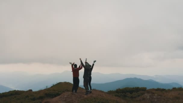 Οι ευτυχισμένοι φίλοι πηδάνε στην κορυφή του βουνού - Πλάνα, βίντεο