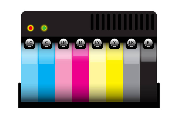 Inkjet printer colors cartridge with shading. Light and full CMYK for best result of banner or Sign. Design for Large format printer or plotter in publishing advertisment. - Vector, Image