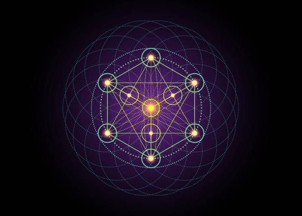 Alkemia okkultistinen merkki, Metatrons Cube, Elämän kukka. Pyhä geometria, graafinen elementti, taikaheksagrammi. Vektori Mystic ikoni platoninen kiintoaineita, geometrinen piirustus, tyypillinen viljapeltokuvioita violetti tausta - Vektori, kuva