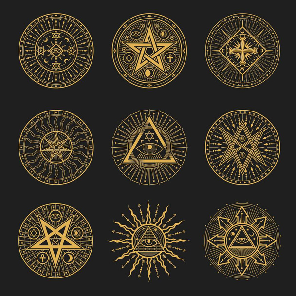 Znaki okultystyczne, okultyzm, alchemia i symbole astrologiczne. Wektor święta religia mistyczne emblematy magiczne oko, murowane piramidy, egipski krzyż ankh, słońce lub księżyc z promieni, pentagramy ezoteryczne ikony zestaw - Wektor, obraz