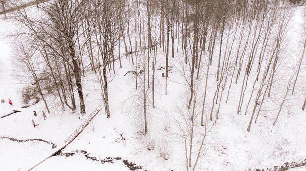 Akniste, Jekabpils, Латвія, Baltics.Beautiful panoramic air view photo from flight drone to Akniste city in inter.Beautiful winter view with Snow on small town fields and forests. (серія)) - Фото, зображення