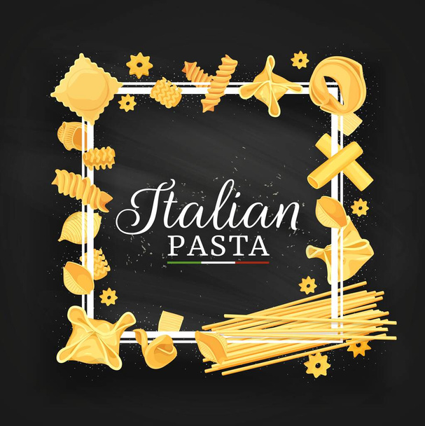 Ιταλική κουζίνα εστιατόριο ζυμαρικών πλαίσιο. Ιταλικά ραβιόλια, fagottini και stelle, eliche, radiatori και tortellini, κανελόνια, funghetto και bucatini σπαγγέτι, conchiglie, quadretti και lumaconi vector - Διάνυσμα, εικόνα