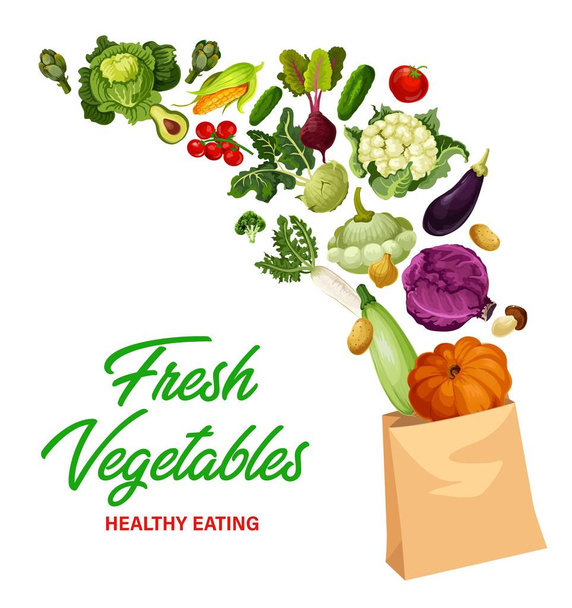 Trh s čerstvými zeleninami, zdravá výživa. Zralá rajčata, květák a kedlubnové zelí, kedlubny, ředkvičky a dýně, tygří tykev v papírovém sáčku. Zeleninová farma, plakát obchodu - Vektor, obrázek