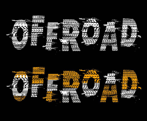 Car off road typography with tires trails. Off road track racing background with tyres marks texture, vehicle wheel protectors dirty traces. Motorsport, rally or motocross competition background - Vector, Image