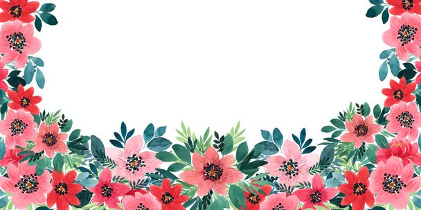 Delicadas plantas de acuarela rosa y turquesa sobre un fondo blanco. Banner horizontal con marco de elementos florales - Foto, Imagen