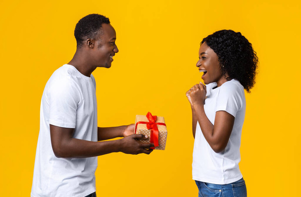 Loving african american man giving present to his excited wife - Fotografie, Obrázek