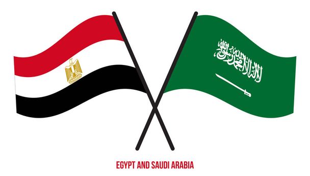 Bandeiras do Egito e da Arábia Saudita cruzadas e acenando estilo plano. Proporção oficial. Cores corretas. - Vetor, Imagem