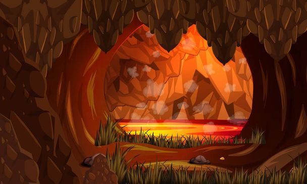 Pekelná tmavá jeskyně s ilustrací lávové scény - Vektor, obrázek