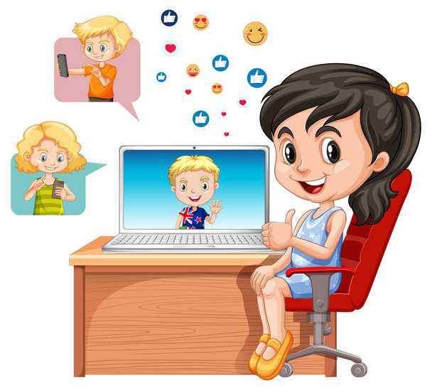 Діти з елементами соціальних мереж на ілюстрації на білому тлі
 - Вектор, зображення