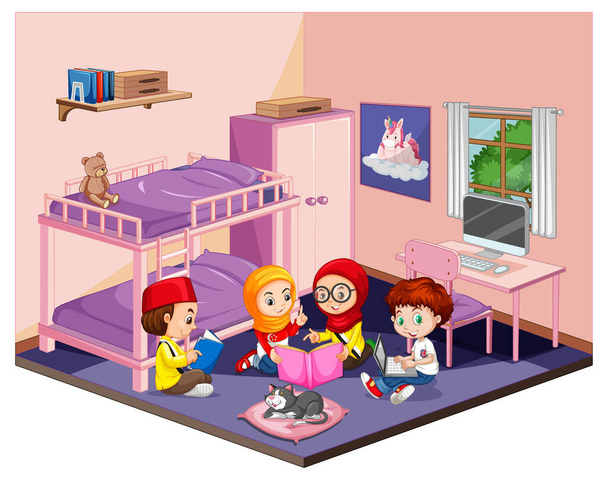 白い背景のイラストのピンクのテーマシーンの寝室の子供たち - ベクター画像