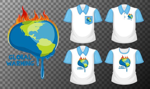 Παγκόσμιο λογότυπο υπερθέρμανσης με το σύνολο των διαφορετικών πουκάμισα απομονώνονται σε διαφανές φόντο εικονογράφηση - Διάνυσμα, εικόνα