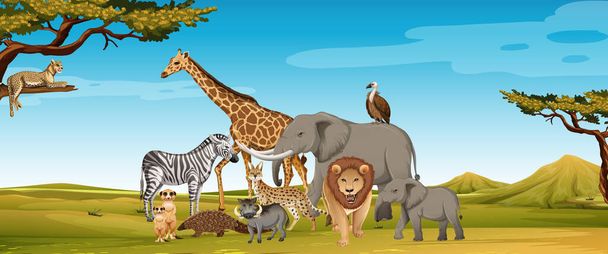 動物園のシーンのイラストで野生のアフリカの動物のグループ - ベクター画像