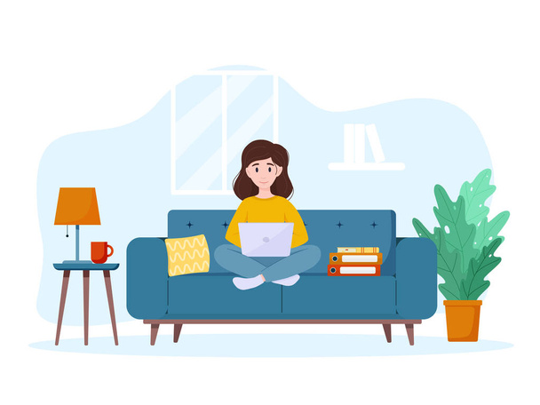 A woman works from home on the couch. Work from home concept. Freelance concept. - Vetor, Imagem