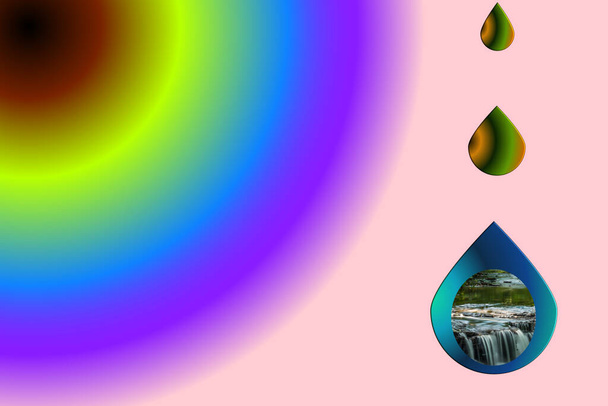 Wasserfall in einem Tränentropfen mit radialen Farben - Foto, Bild
