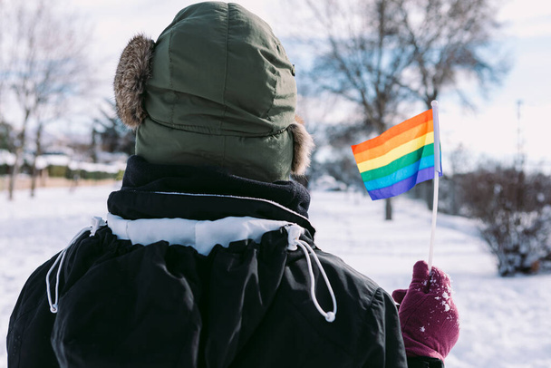 Лесбиянка сзади носит шапку из снега, в заснеженной местности с радужным флагом - Фото, изображение