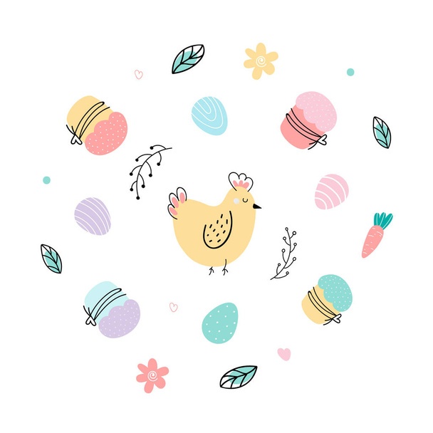  Σετ με στοιχεία του Πάσχα: αυγά, κοτόπουλο, κέικ. Σχέδιο για το Πάσχα. Επίπεδη απεικόνιση διανύσματος κινουμένων σχεδίων - Διάνυσμα, εικόνα