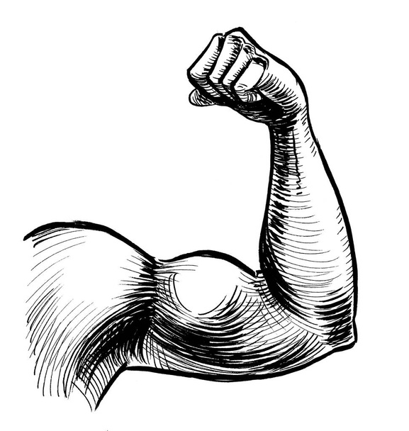 Strong hand flexing biceps muscle. Ink black and white drawing - Photo, Image