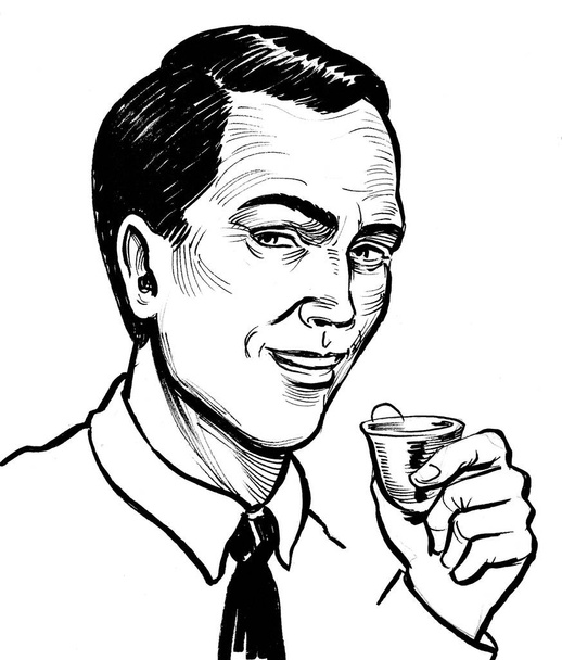 Vrolijke man die tequila drinkt. Inkt zwart-wit tekening - Foto, afbeelding
